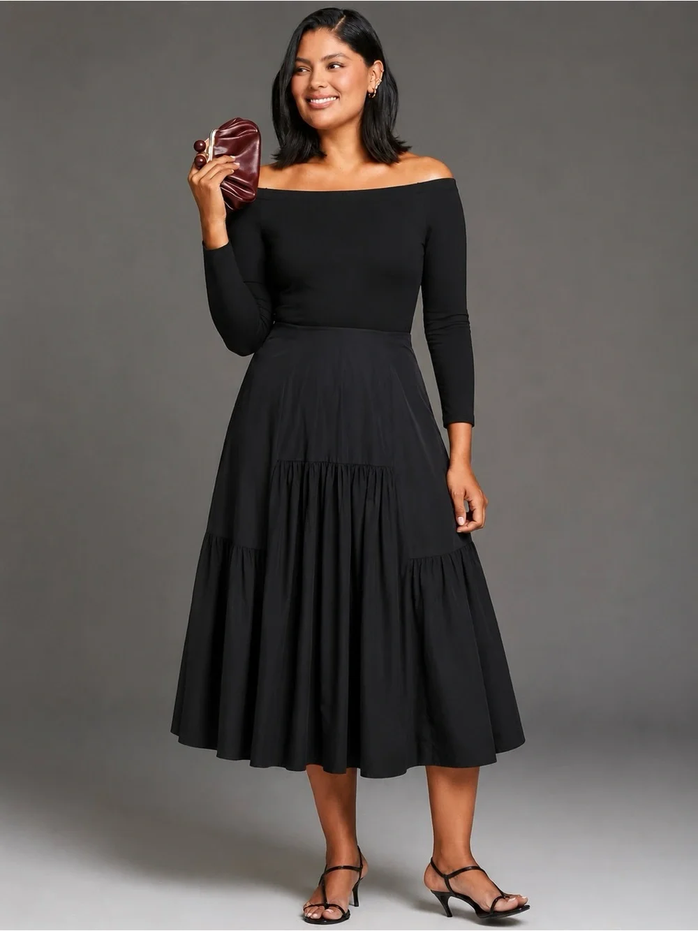 Tuckernuck | Black Off-Shoulder Marissa Long Sleeve Tiered Midi Dress ~ XXL